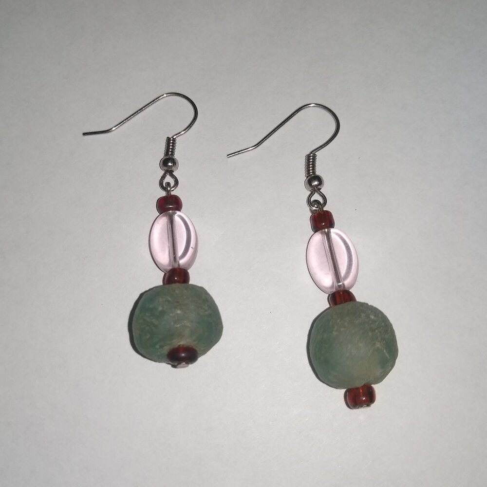 Ladies' Dangly Earrings -- Teal, Clear, and Brown Beads